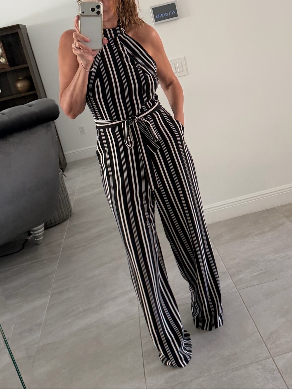 New York & Company Black and White Striped Halter Jumpsuit